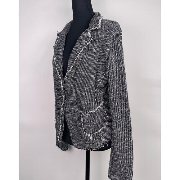 Eileen Fisher Black White Textured Fringe Tweed Blazer Cardigan Size S Petite - Picture 2 of 10